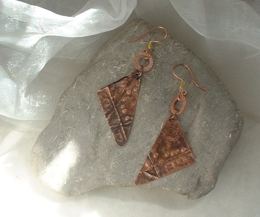 Rustic Copper Fold Form Triangle Earrings