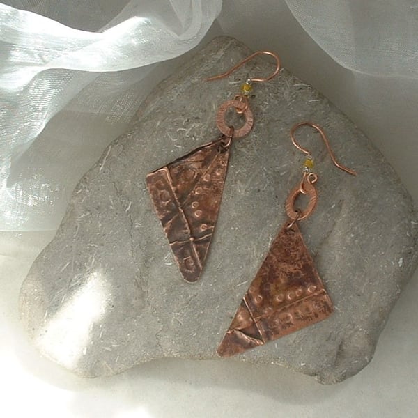 Rustic Copper Fold Form Triangle Earrings