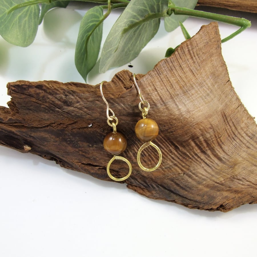 Earrings, Gold Filled and Tiger's Eye Gemstone Droppers