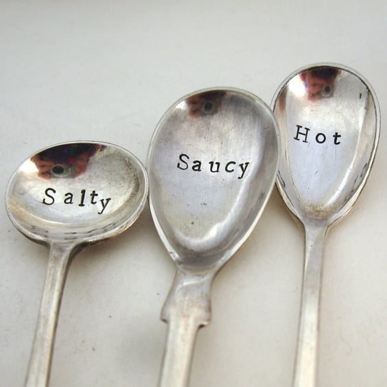 Salty, Saucy, Hot, Three Handstamped Condiment Spoons