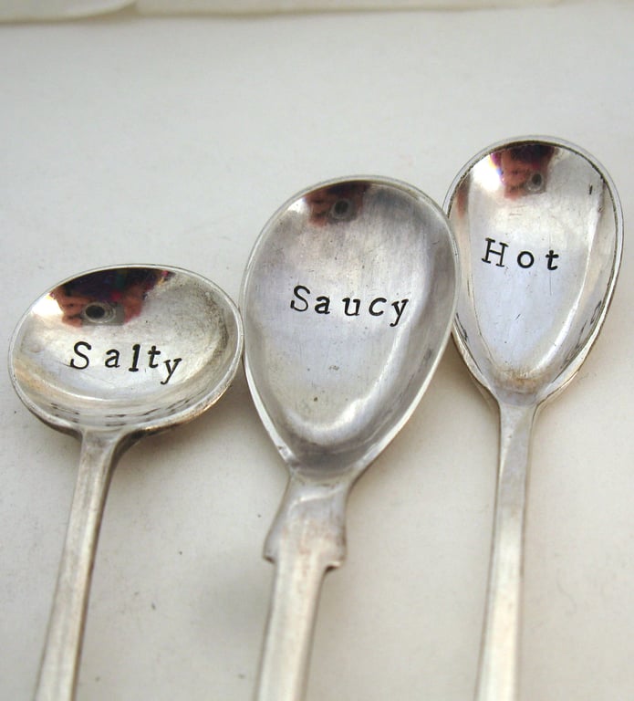 Salty, Saucy, Hot, Three Handstamped Condiment Spoons