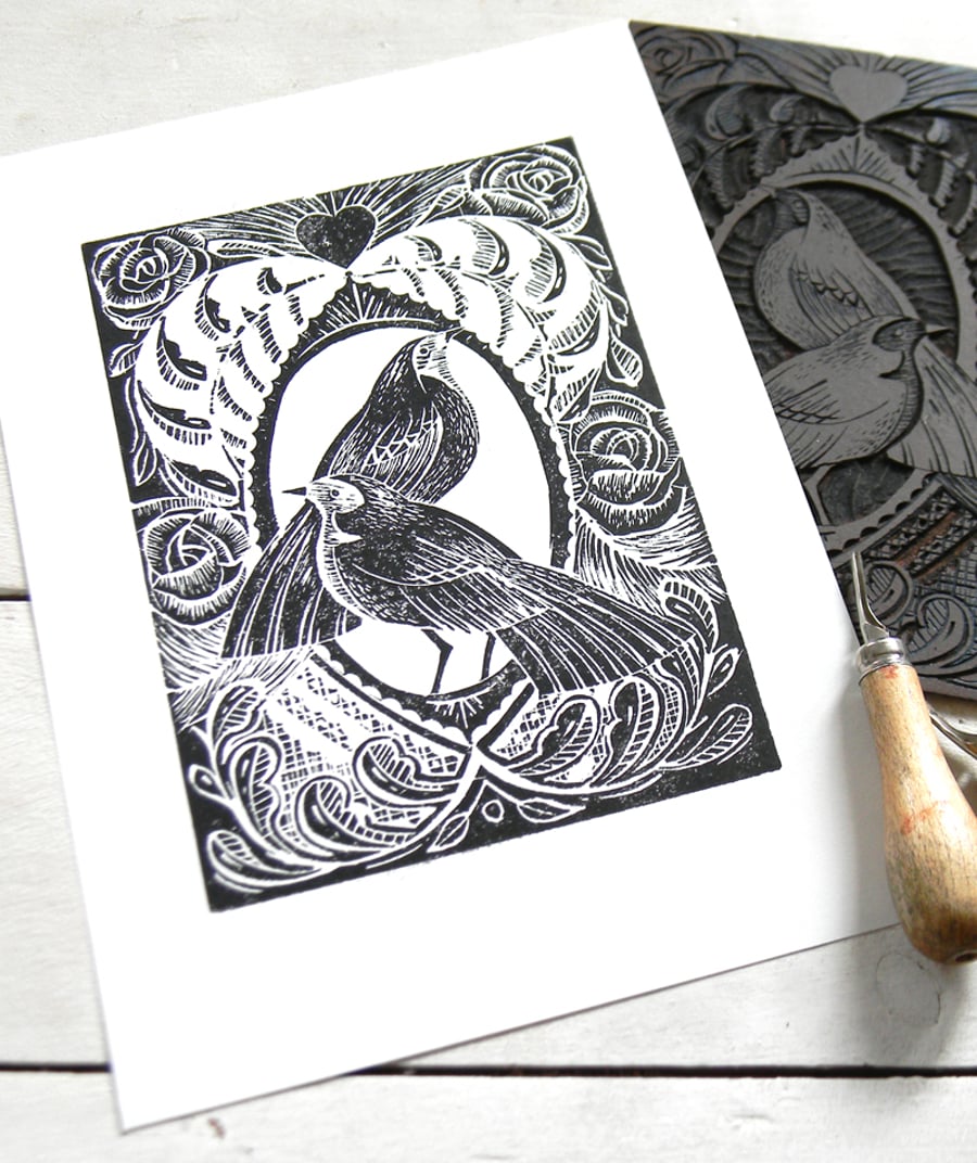  Love Birds Original Lino Cut Print Black and White PRINT SALE