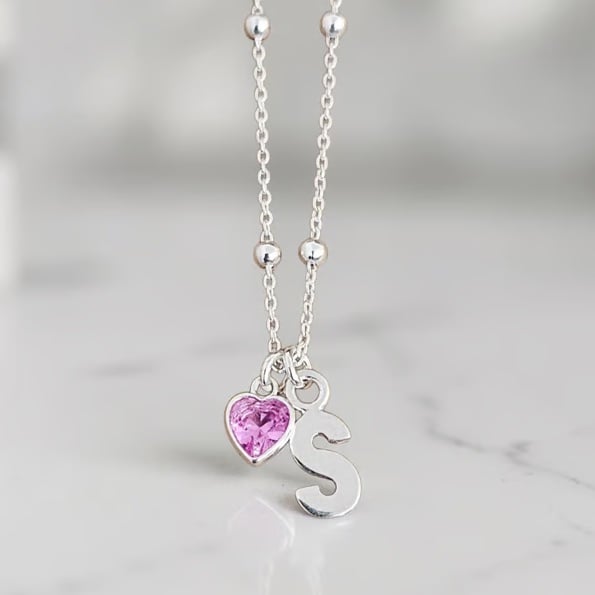 Sterling Silver Personalised Initial and Heart Birthstone Charm Necklace 925