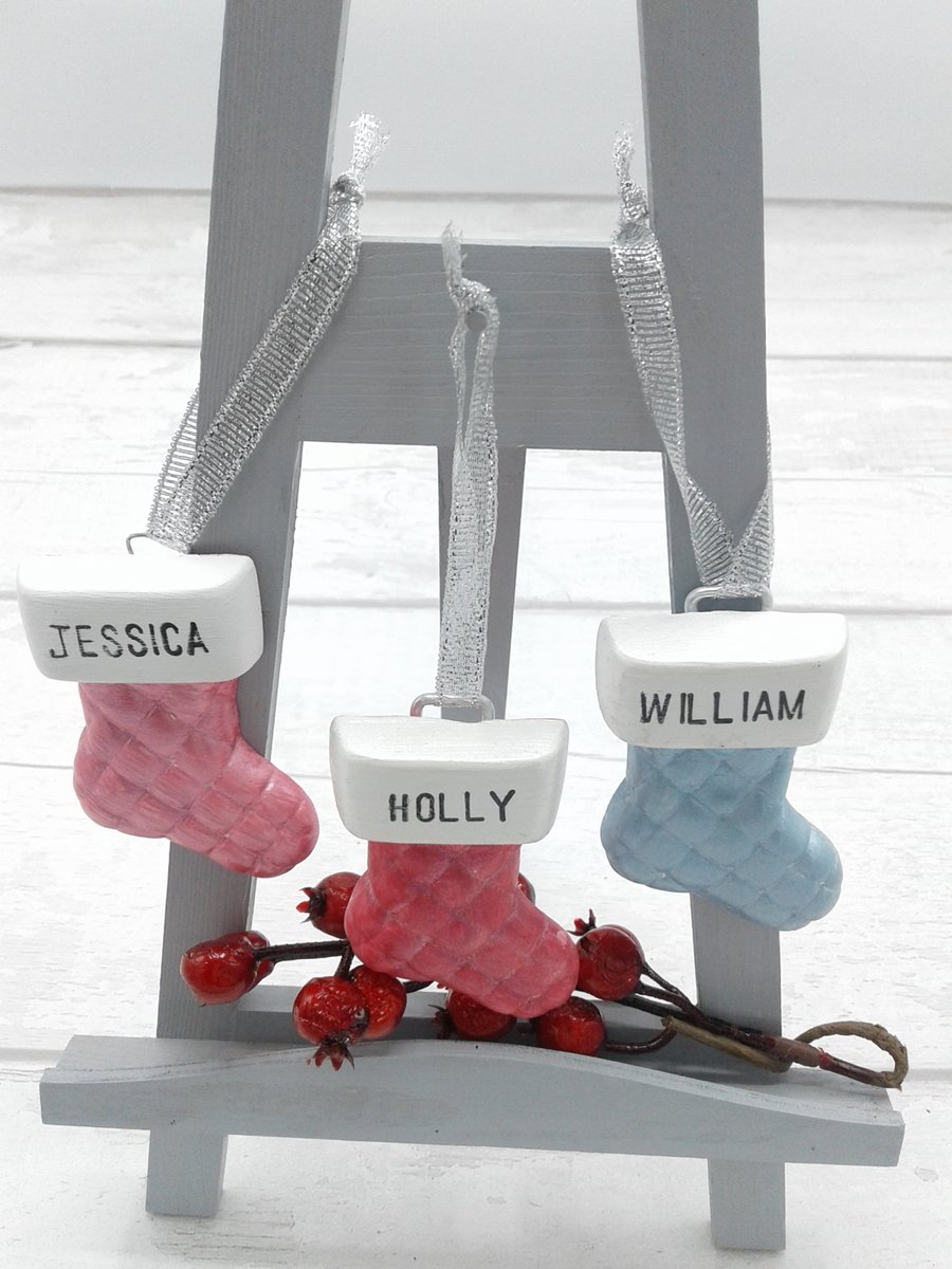 Personalised Christmas decoration. Ceramic stocking decorations. 