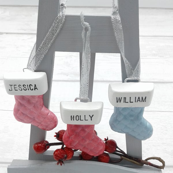 Personalised Christmas decoration. Ceramic stocking decorations. 