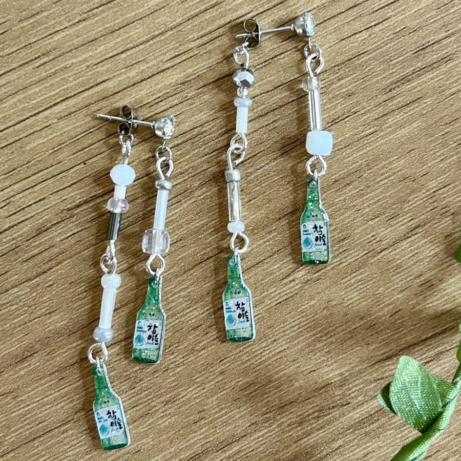 Mini Soju Bottle Earrings - Glitter K-Food Asymmetrical Dangle Sparkle Studs