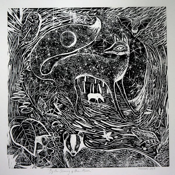 Nocturne Nighttime Woodland Animal Linocut Print