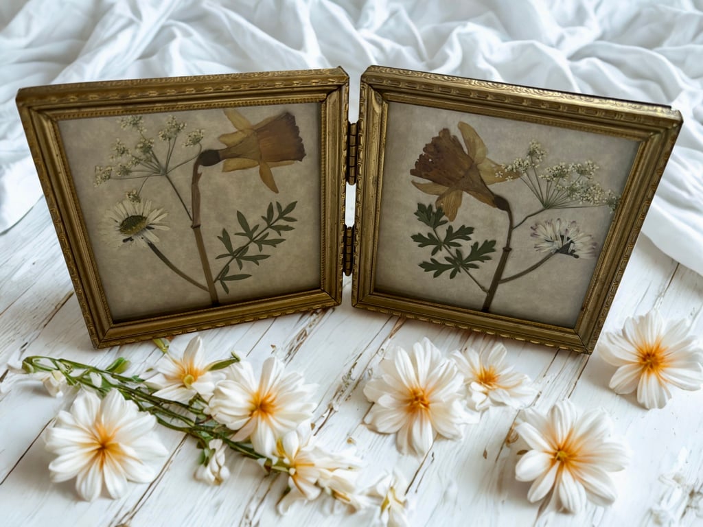 Mini Spring Garden Pieces in an antique gold plated double fold frame