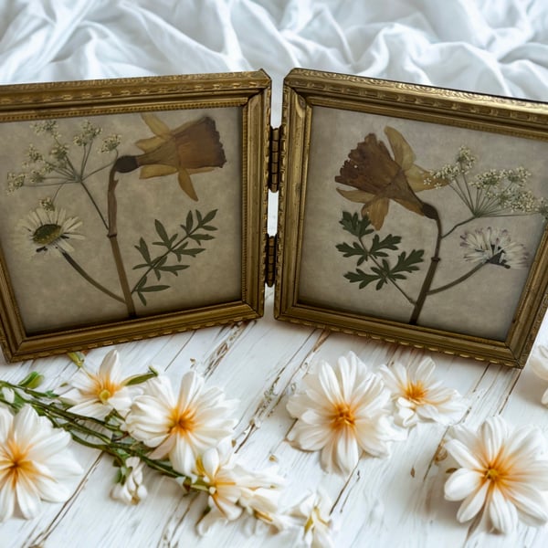 Mini Spring Garden Pieces in an antique gold plated double fold frame