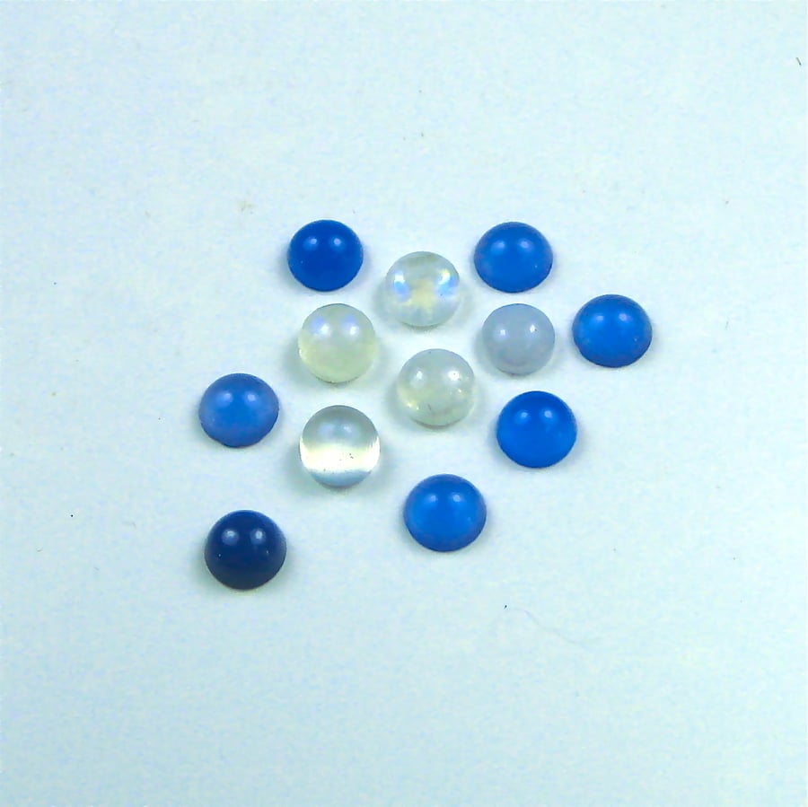 Mixed 6mm Gemstone Cabochons, Rainbow Moonstone and Blue Agate