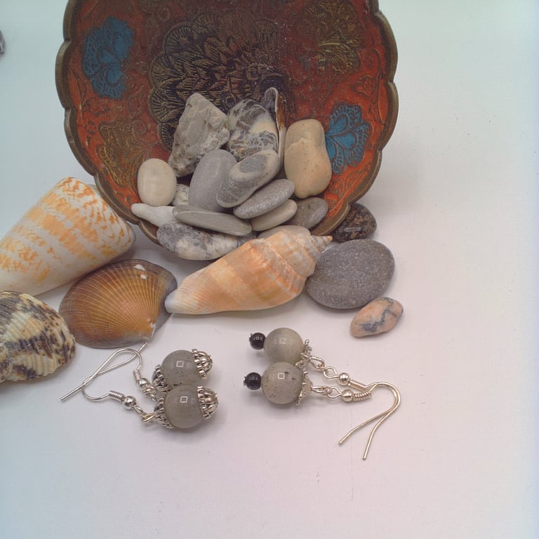 Charcoal Grey Agate Bead with Silver Plated Bead Caps Earrings, Gift for Her