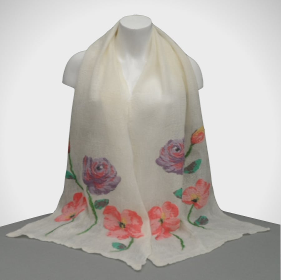Gift boxed long white nuno felted scarf merino wool on silk with flowers