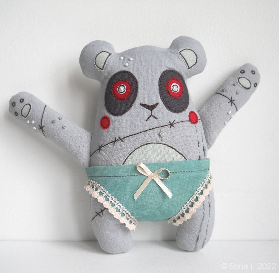 freemotion & hand embroidered zombie panda in silk knickers - sage