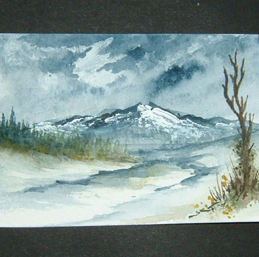aceo SFA original miniature watercolour painting landscape mountain view 34