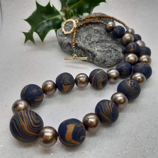 Navy and gold polymer clay necklace