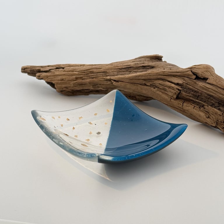 Fused Glass Trinket Dish, Blue Clear and Gold