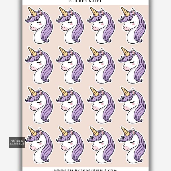 Funny Vinyl Sticker Sheet For Adults - Cute Unicorn Head