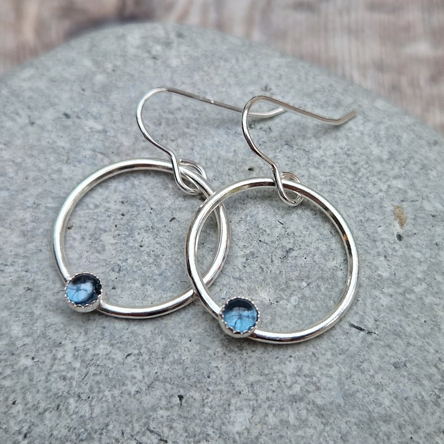 Sterling Silver Circle Hoop Earrings with London Blue Topaz Gemstone