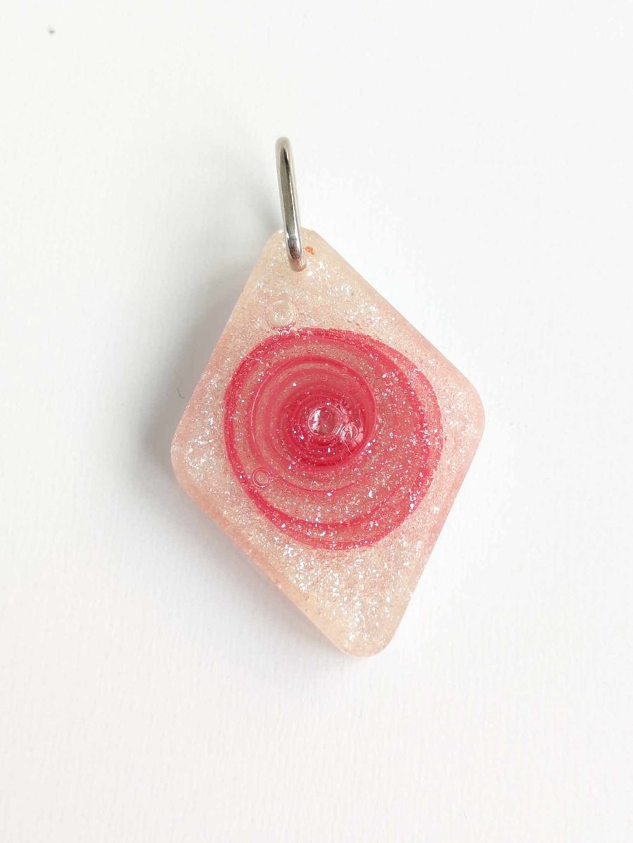 Diamond Shape Resin Pendant With White Glitter & Quilled Spiral