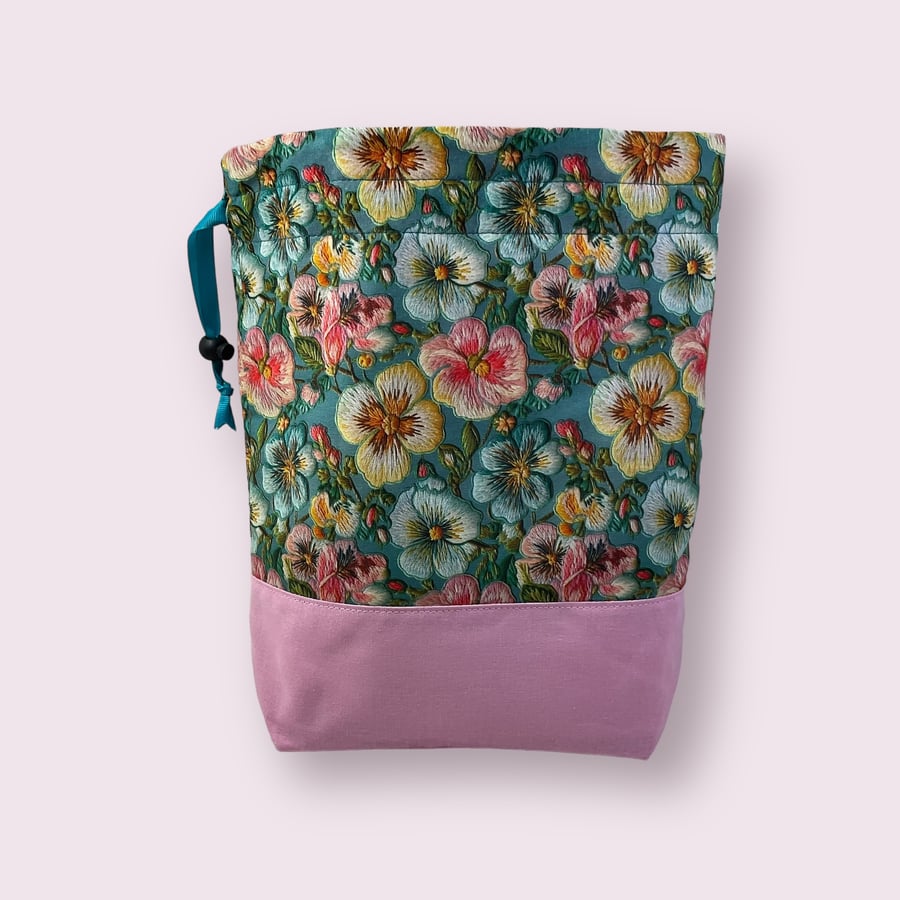 two at a time knitting bag with floral  print, drawstring divided pouch, 