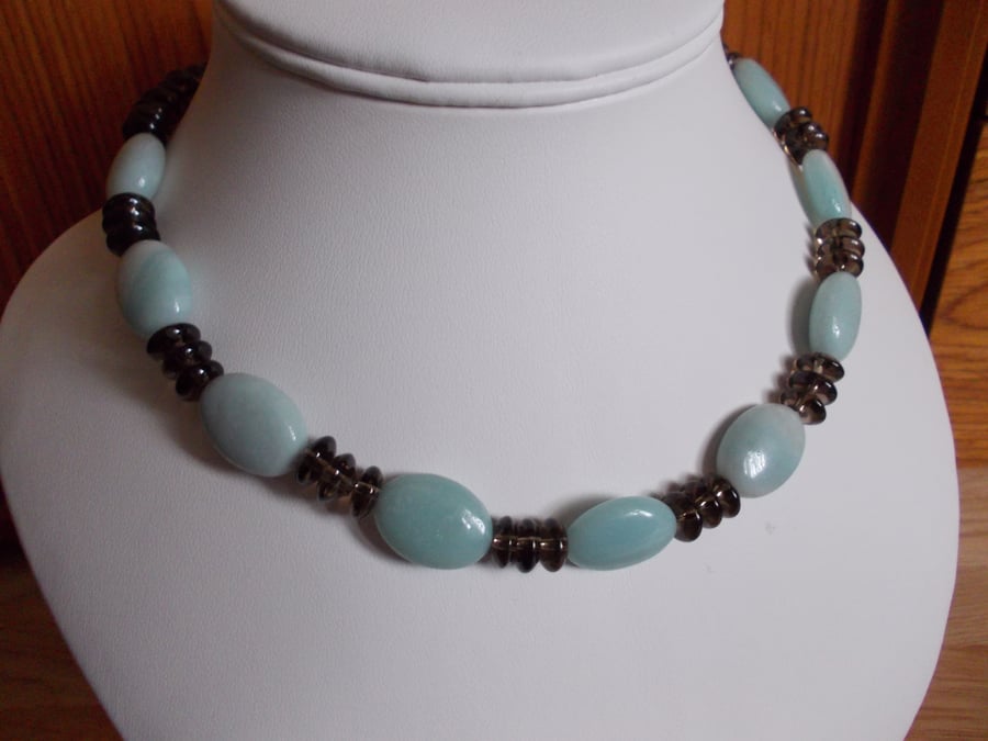 Amazonite oval and smokey quartz necklace