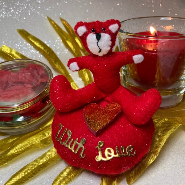 Romantic Gift, Unique Red Teddy in a Jar with Golden Butterflies.