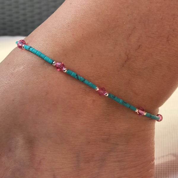 Pink Swarovski Sterling Silver & Turquoise Afghan beads. With extension chain.