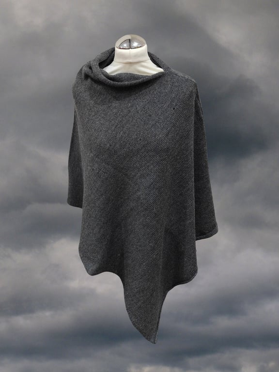 Rock Grey Merino Wool Poncho. Grey knitted women's cape.