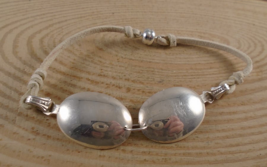 Upcycled Silver Plated Double Spoon Bowl Leather Bracelet SPBA032107