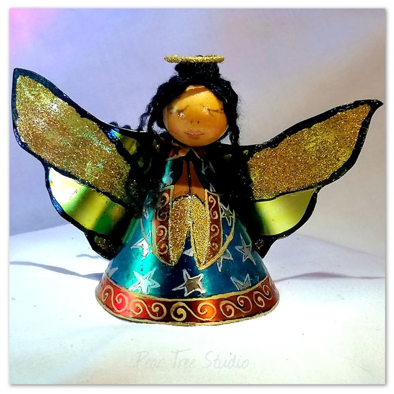 Small: Tin Angel Christmas Tree decoration ( Turquoise and orange) 