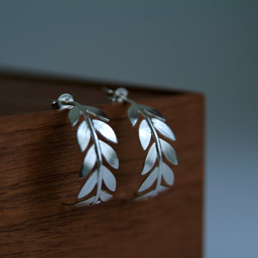 Silver Hoop Leaf Earrings, Olive Branch Handmade Earrings