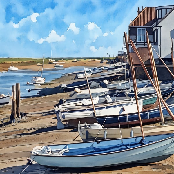 A5 Blank Greeting Card Boats High Tide Wells-Next-The-Sea Norfolk