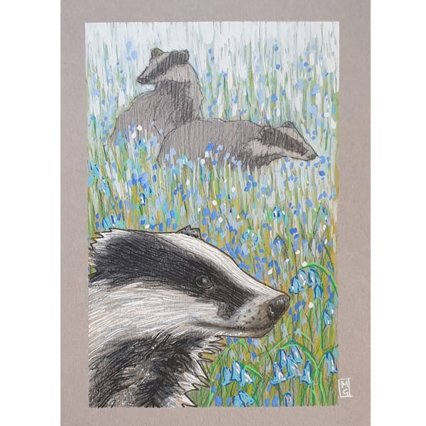 Badgers in a Field of Bluebells, original drawing, small animal artwork