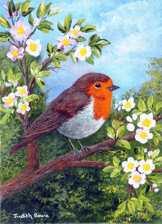Original Painting "Robin in Springtime" 7x5"