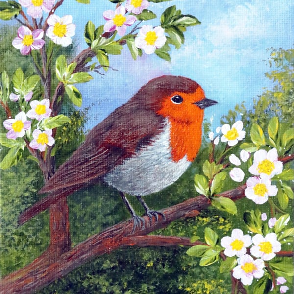Original Painting "Robin in Springtime" 7x5"