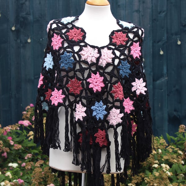 Black, pink and blue colours aran weight cotton crochet shawl - design A447