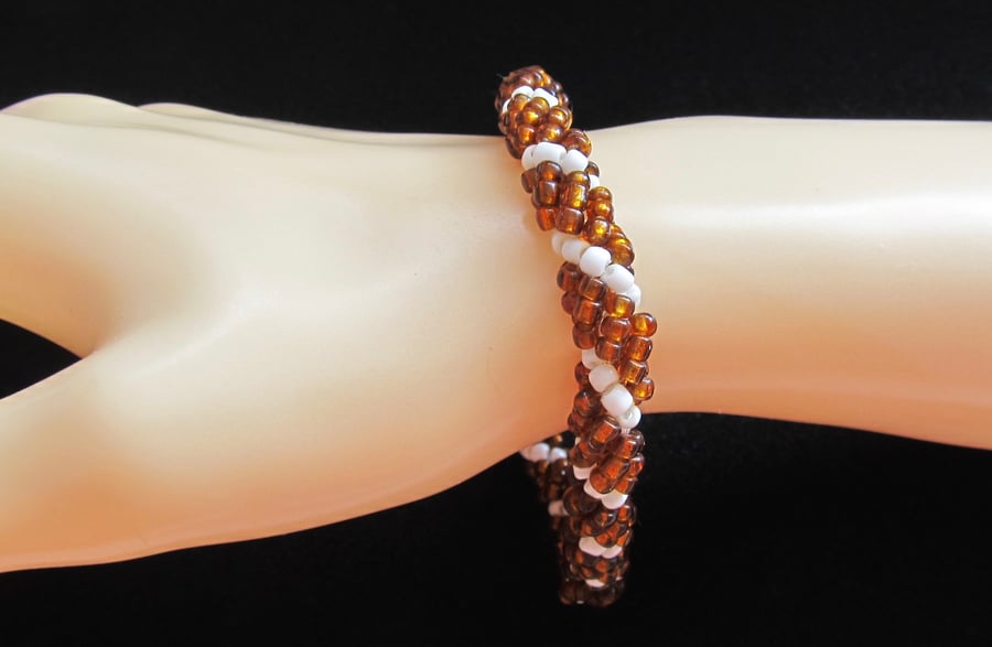Slimline Bracelet: Amber Coloured & White Seed Beads in a Spiral Weave