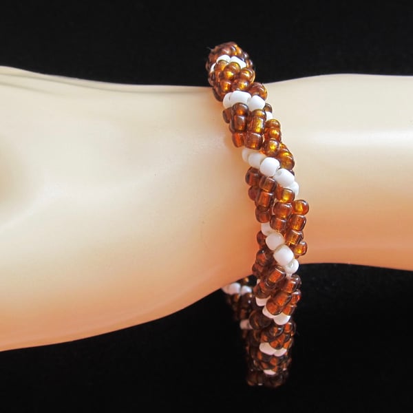 Slimline Bracelet: Amber Coloured & White Seed Beads in a Spiral Weave