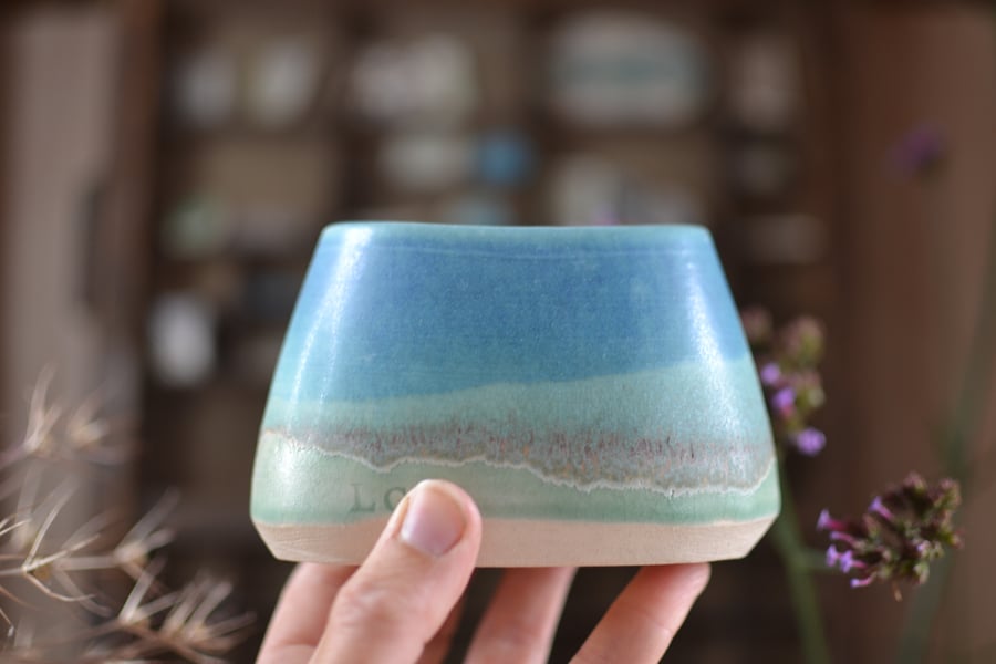 Small Skyline Oval Bowl - handmade ceramic pot, glazed in blues and greens