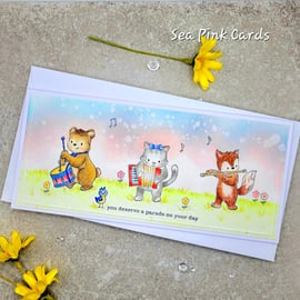  Card - birthday cards, handmade, child, animals, music band, retro style