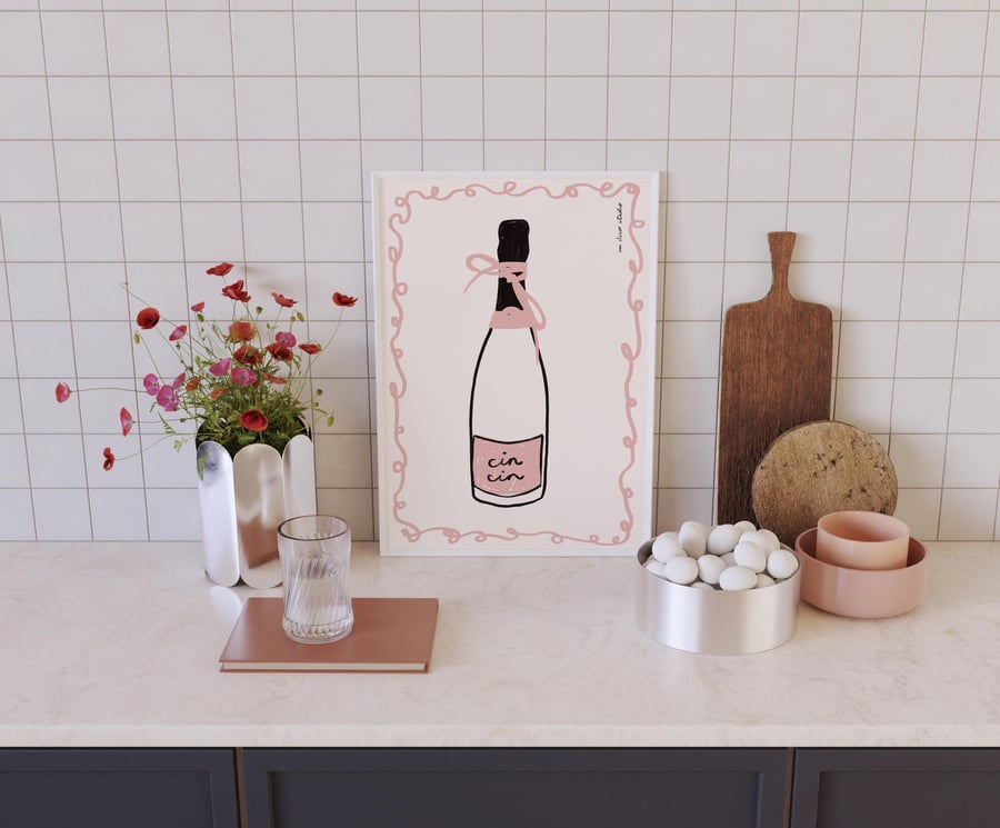 Cin Cin Pink Bottle Art Print Poster, Pink Champagne Bottle Print, Drink Illustr