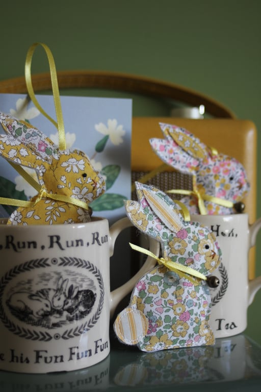 Easter bunny trio made from yellow floral Liberty fabrics