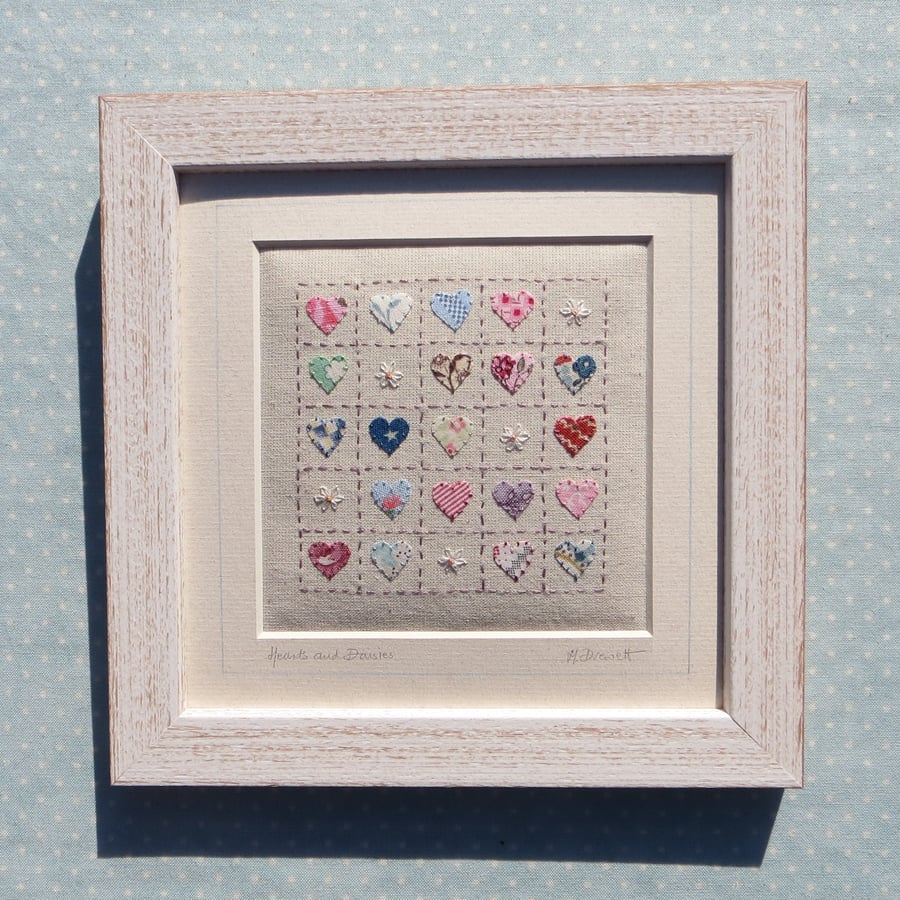 Hearts and Daisies small framed hand-stitched applique of hearts, a gift of love