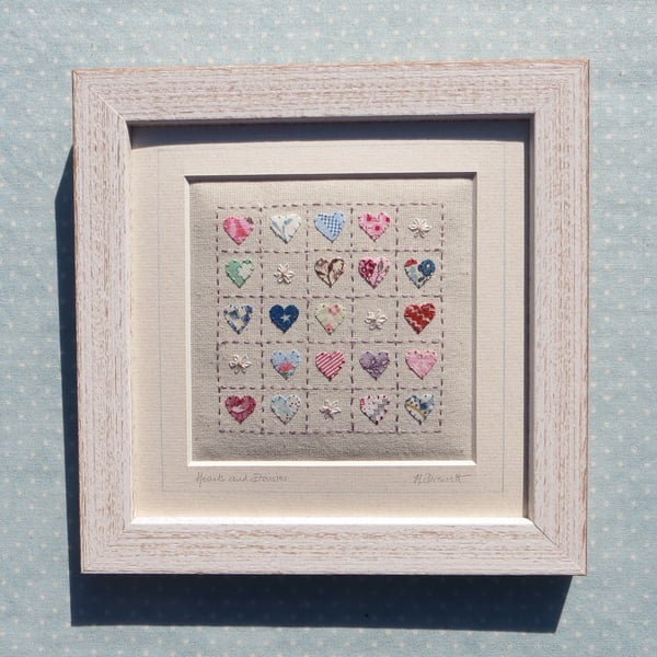 Hearts and Daisies small framed hand-stitched applique of hearts, a gift of love