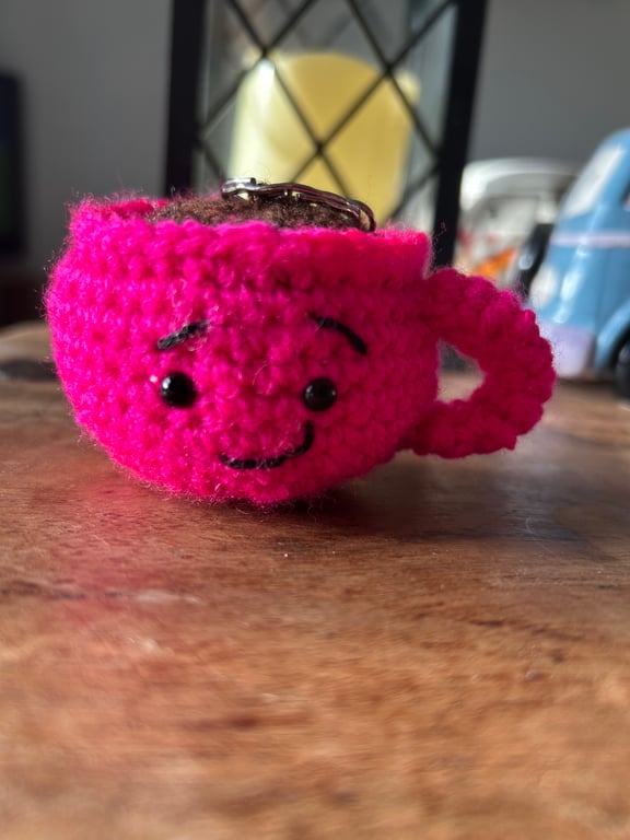 Tina the Teacup Crochet Keyring – Cute Expression – Hot Pink