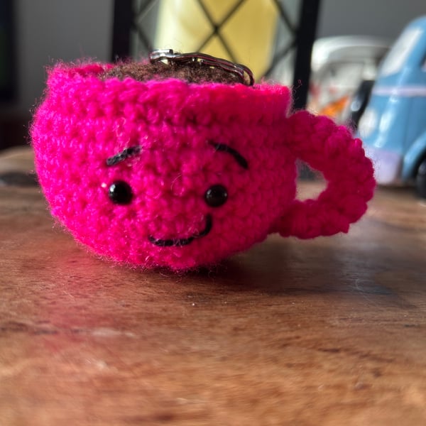 Tina the Teacup Crochet Keyring – Cute Expression – Hot Pink