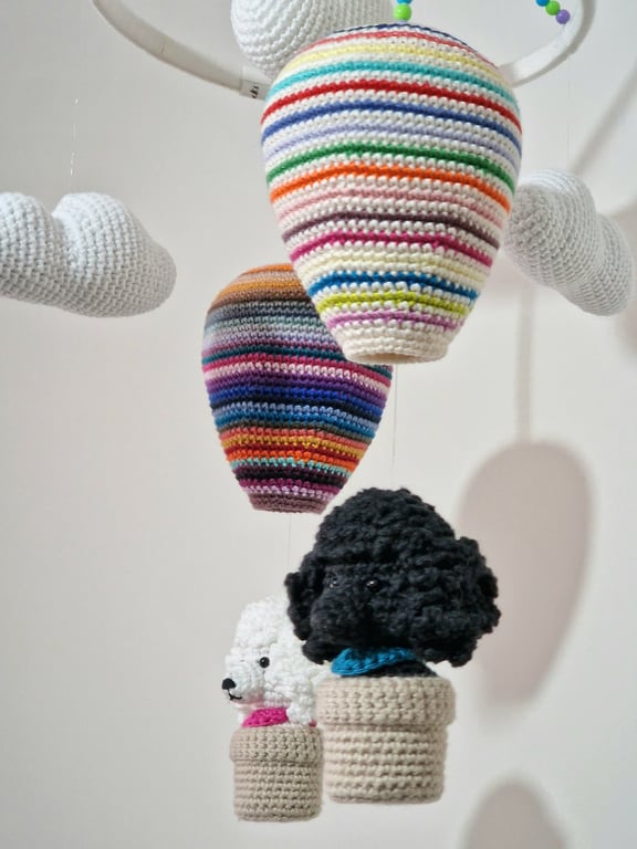 Handmade Crochet Baby Mobile with Dogs, Hot Air Balloons & Clouds