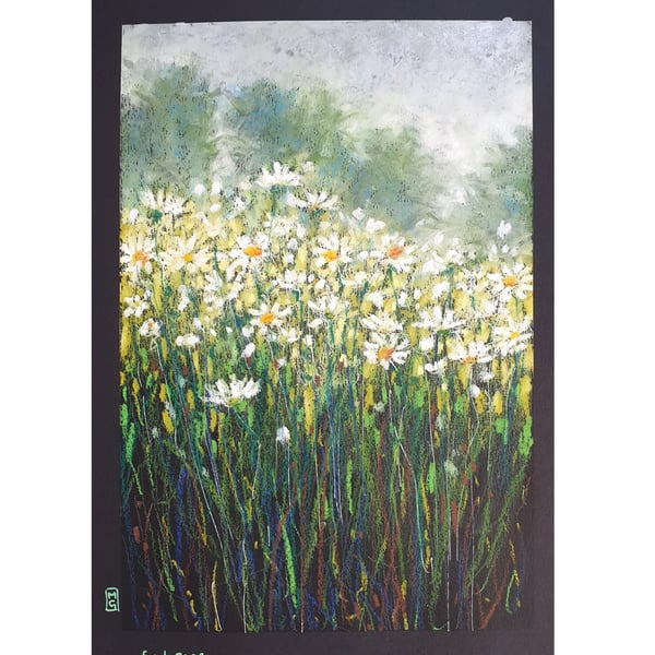 A Patch of Oxeye Daisies original oil pastel painting, floral landscape wall art