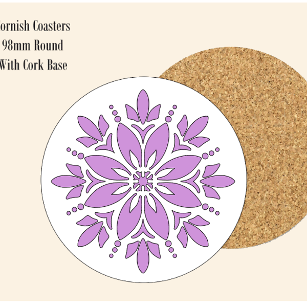 Purple Abstract Flower  Coaster 9.8cm Round With Cork Base.- Design 2