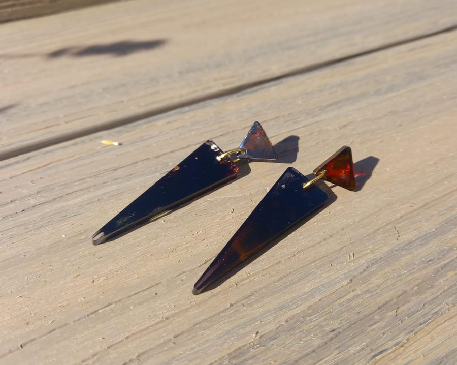 Small Funky Dark and Stormy Red and Black Triangle Stud Earrings